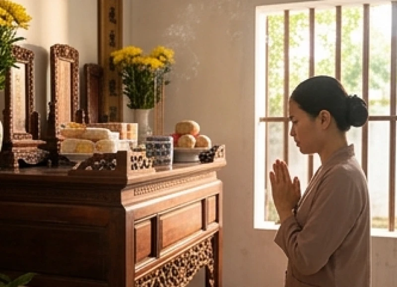 Văn khấn tại đền phủ: Trình tự dâng lễ & bài khấn chuẩn nghi lễ 3 Tín chủ chắp tay nghiêm trang đọc văn khấn tại gia để xin phép tổ tiên trước khi đi lễ đền phủ