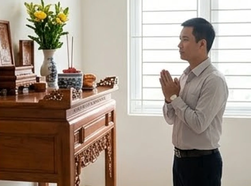 Nam chủ gia đình mặc trang phục dài tay trang trọng đứng chắp tay trước án gian