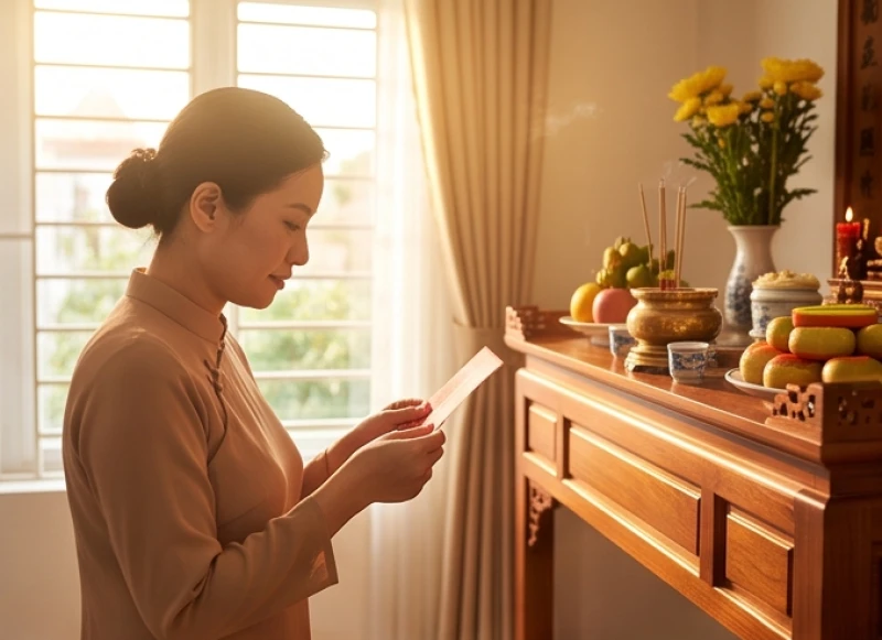 Lời tạ lễ sau khi cúng: Bài khấn chuẩn và trình tự hạ lễ 2 Người phụ nữ cầm tờ văn khấn trang trọng đọc lời tạ lễ để thông báo buổi cúng đã viên mãn