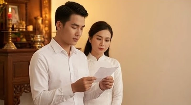 Văn khấn lễ lại mặt: Mẫu chuẩn nhà gái và trình tự dâng hương 6 Cặp đôi trẻ cầm tờ giấy ghi sẵn bài văn khấn lễ lại mặt và trang nghiêm đọc trước bàn thờ