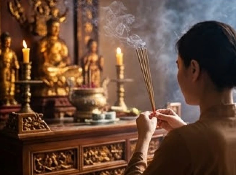 Tín chủ chắp tay thành tâm cầu nguyện trước ban thờ Quan Hoàng Bảy ở đền Bảo Hà