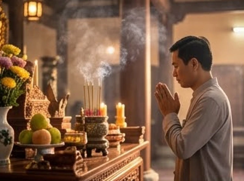 Người hành hương thành tâm chắp tay đọc bài văn khấn Bà Đen Tây Ninh trước điện thờ
