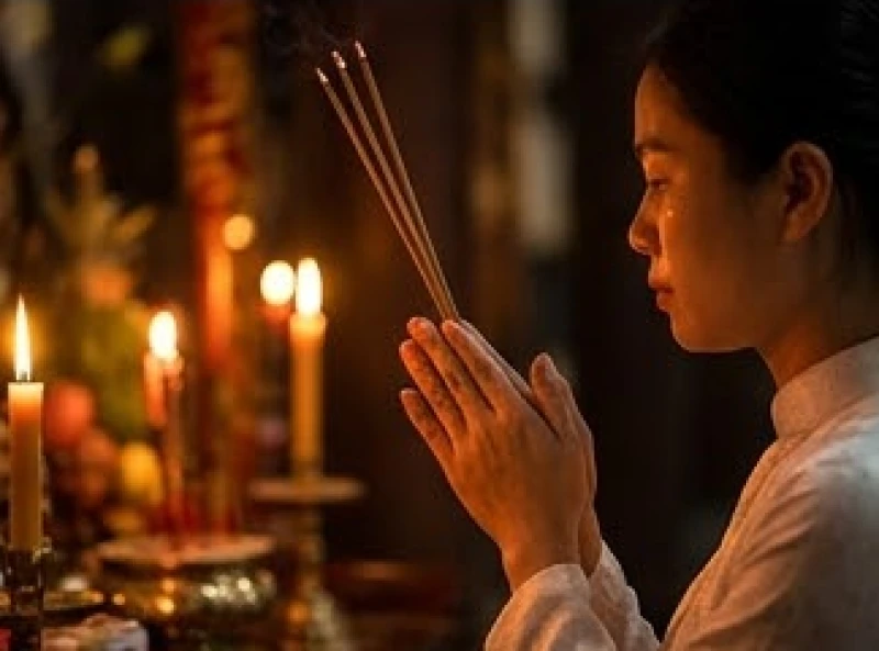 Văn khấn lễ hội Đền Quán Thánh: Bài cúng mùng 3/3 và sắm lễ chuẩn 9 Người đi lễ thành tâm chắp tay cầm nén nhang và nhẩm đọc bài văn khấn tại chánh điện