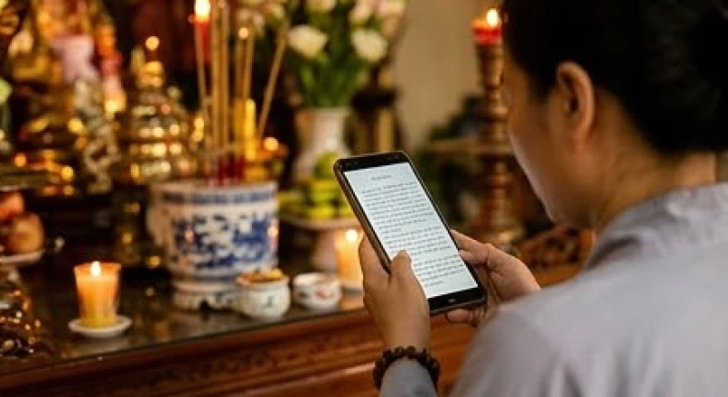 Người đi lễ cẩn thận cầm điện thoại đọc nhẩm bài văn khấn cầu tài lộc trước ban thờ