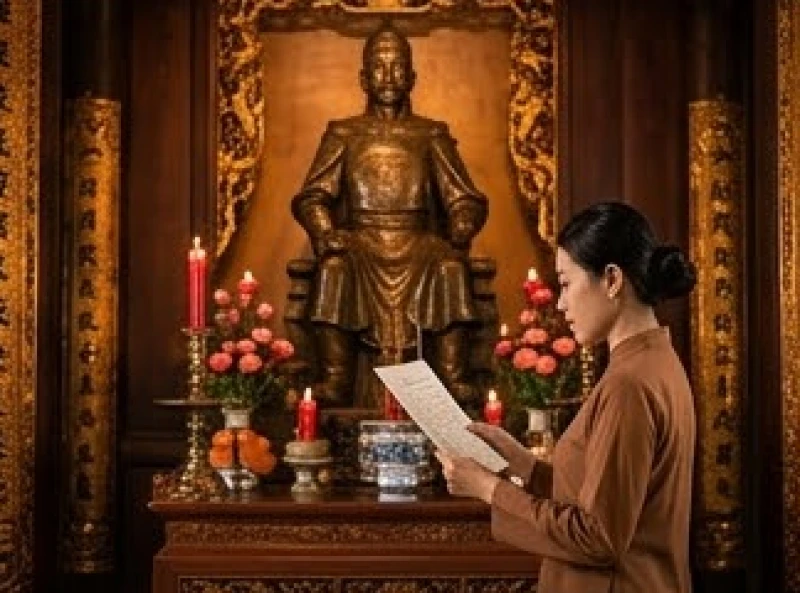 Người phụ nữ chắp tay trang nghiêm đọc bài văn khấn xin lộc Đức Thánh Trần trước điện thờ