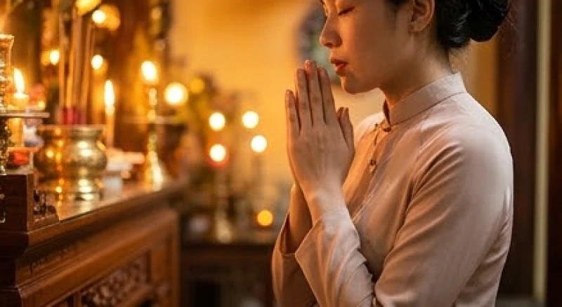 Tín chủ thành tâm chắp tay đọc lẩm nhẩm bài văn khấn xin lộc kinh doanh