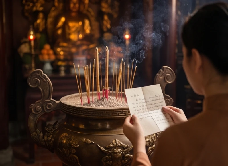 Người đi lễ tập trung cầm tờ văn khấn nhẩm đọc rõ ràng thông tin doanh nghiệp trước lư hương nghi ngút khói
