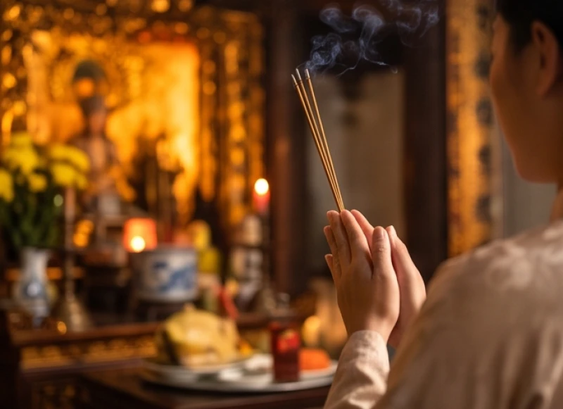 Một người đang chắp tay thành tâm nhẩm đọc bài văn khấn xin lộc Mẫu Hưng Yên trước ban thờ chính điện