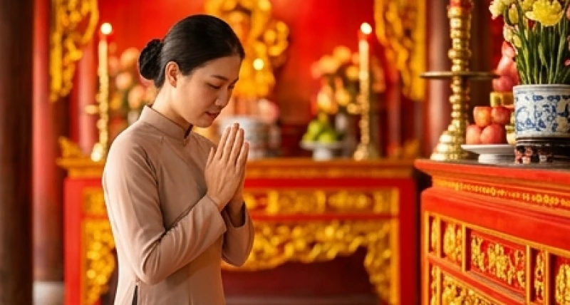 Văn khấn xin lộc Mẫu Sòng Sơn: Bài khấn chuẩn, đúng nghi thức 6 Tín chủ chắp tay ngang ngực thành tâm đọc văn khấn xin lộc Mẫu Sòng Sơn trước ban thờ uy nghi