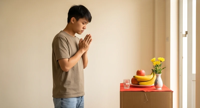 Văn khấn nhập trạch nhà thuê: Bài cúng và thủ tục tinh gọn 7 Người thanh niên chắp tay trang nghiêm nhẩm đọc bài văn khấn xin phép thần linh trước mâm lễ nhỏ