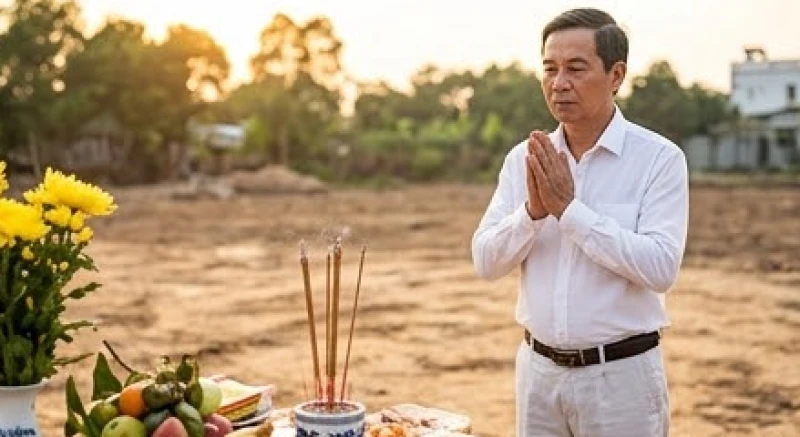 Người đàn ông mặc trang phục chỉnh tề đang chắp tay trang nghiêm đọc bài văn khấn xin phép đào đất trước bàn thờ