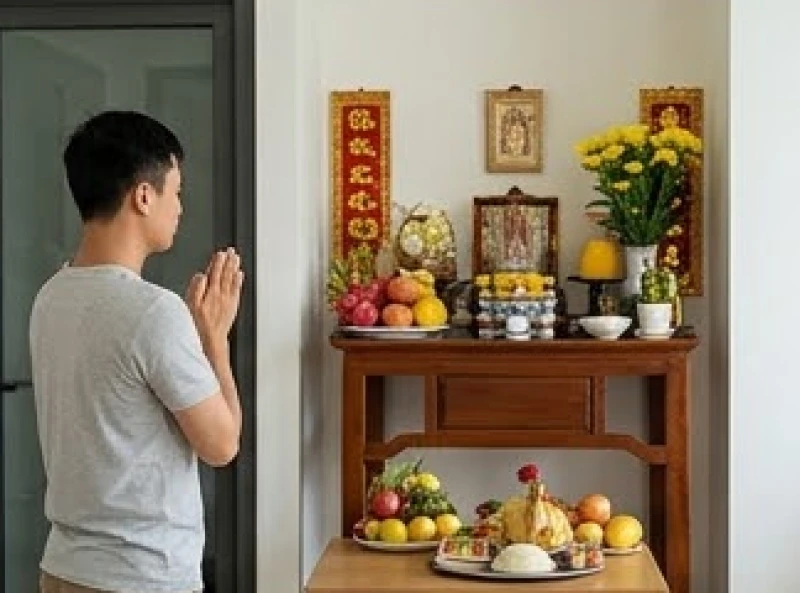Chắp tay thành tâm đọc bài văn khấn sửa bếp trước mâm lễ được chuẩn bị chu đáo để xin phép thần linh