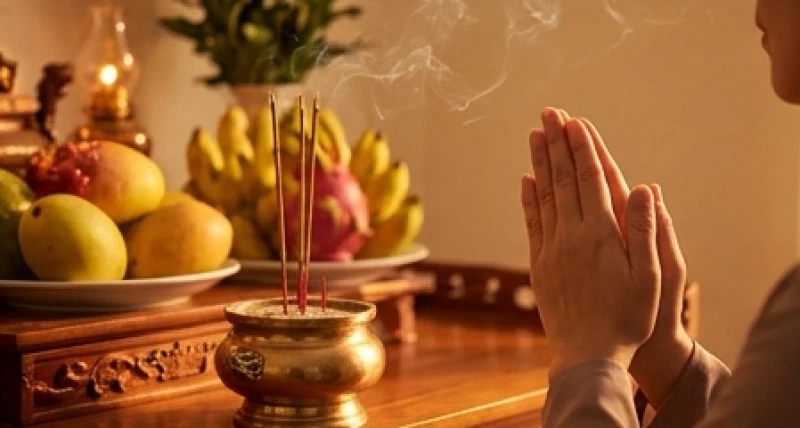 Tín chủ chắp tay đứng cung kính trước bàn thờ đang nghi ngút khói nhang để đọc bài văn khấn xin bao sái bàn thờ