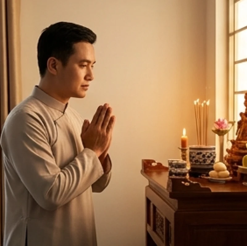 Văn khấn rút tỉa chân nhang: Trọn bộ bài cúng và hướng dẫn an vị 5 Người đàn ông mặc áo dài cung kính chắp tay đọc văn khấn xin rút tỉa chân nhang trước bàn thờ tổ tiên