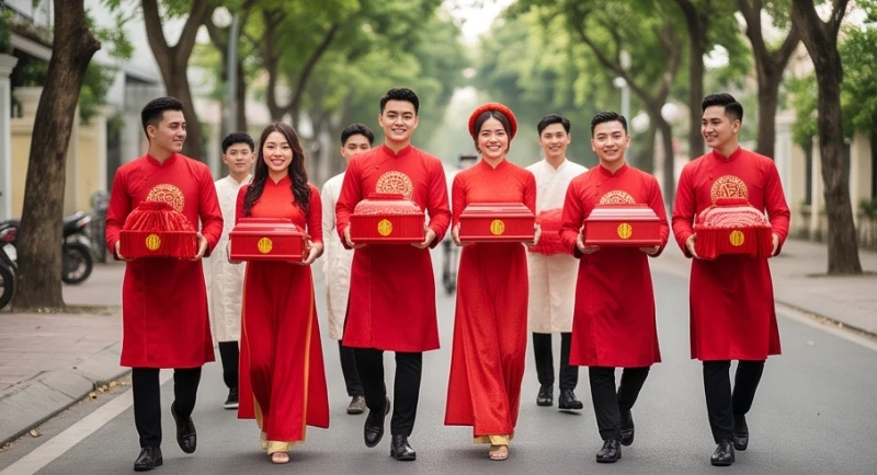Đội hình bưng quả nam nữ mặc áo dài truyền thống bê tráp đỏ đi dọc theo khu phố