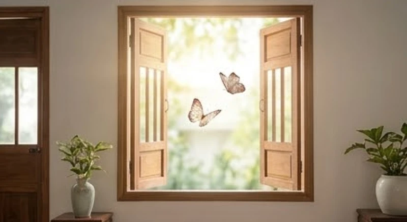 Cặp bướm nhỏ xinh xắn song hành bay lượn qua ô cửa ngập tràn ánh nắng buổi sớm