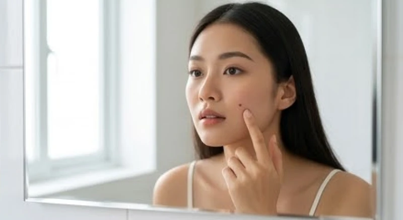 Người phụ nữ đứng trước gương tự đối chiếu để xem tướng nốt ruồi trên mặt