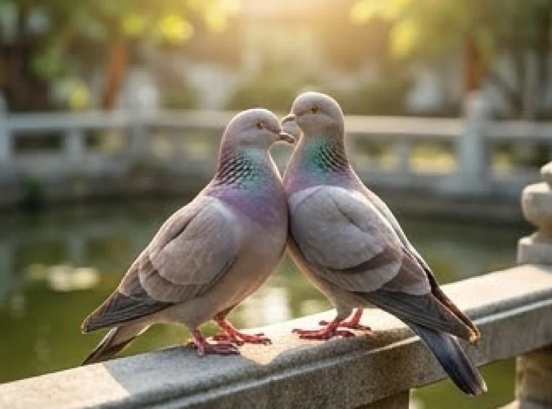 Cặp chim bồ câu uyên ương đang âu yếm rỉa lông và mớm mồi cho nhau dưới ánh nắng rực rỡ