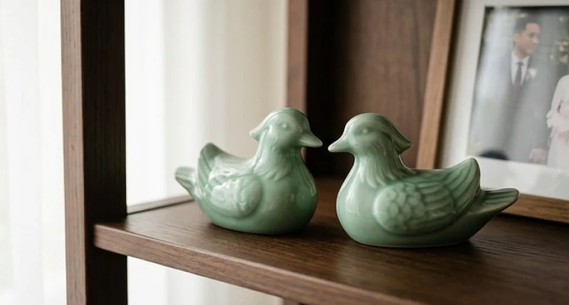Tuổi Dần nên cưới vào năm nào: Cách tự tính Kim Lâu và mốc đại cát 15 Cặp chim uyên ương bằng gốm sứ tinh xảo màu xanh ngọc bích được trưng bày cẩn thận bên cạnh khung ảnh kỷ niệm gia đình