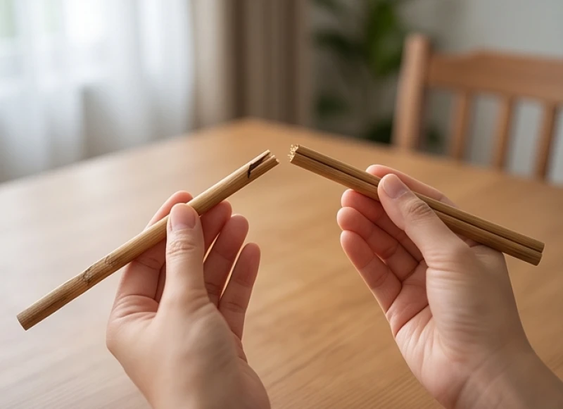 Đôi đũa gỗ cũ bị gãy ngang phần thân khi đang được gắp thức ăn