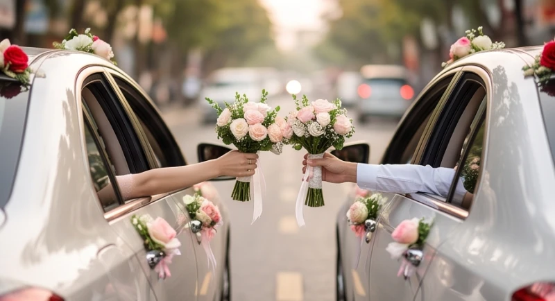 Hai bàn tay trao đổi bó hoa cưới tuyệt đẹp qua cửa sổ của hai chiếc xe hoa đi ngược chiều