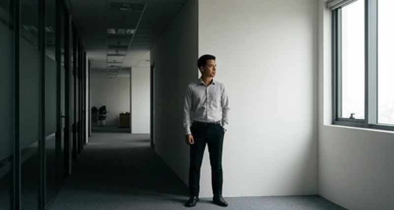 Nhân viên văn phòng đứng trước ngã rẽ hành lang tối và sáng tượng trưng cho quyết định mang tính sinh tử
