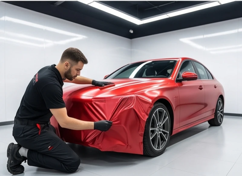 Thợ chuyên nghiệp đang dán decal đổi màu đỏ cho một chiếc xe hơi trong không gian gara sáng sủa