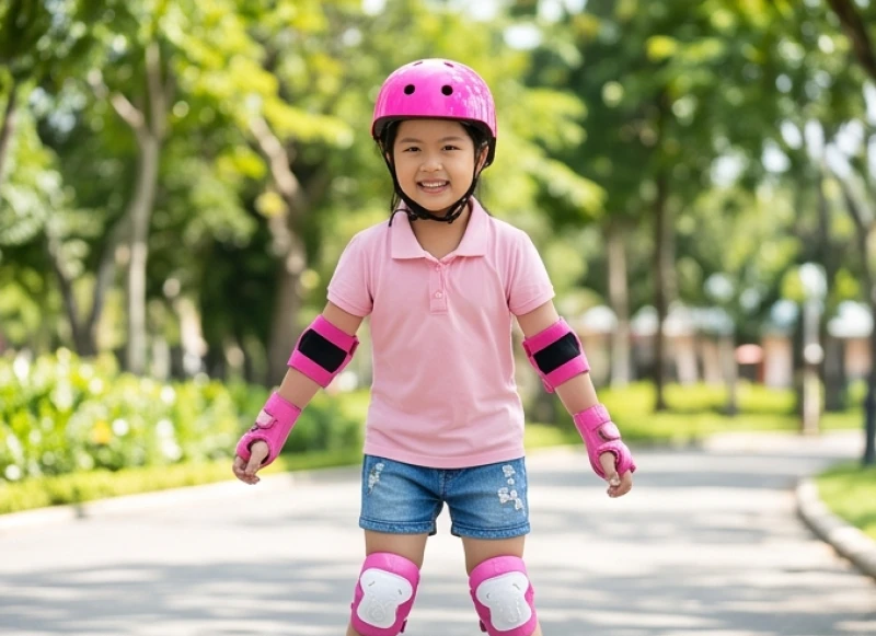 Bé gái 8 tuổi được trang bị đầy đủ mũ bảo hiểm và đệm gối trước khi trượt patin