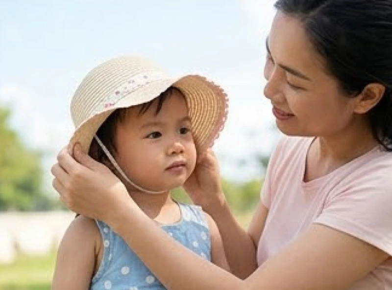 Phụ huynh đội mũ rộng vành che nắng cẩn thận cho trẻ em khi tham gia hoạt động ngoài trời