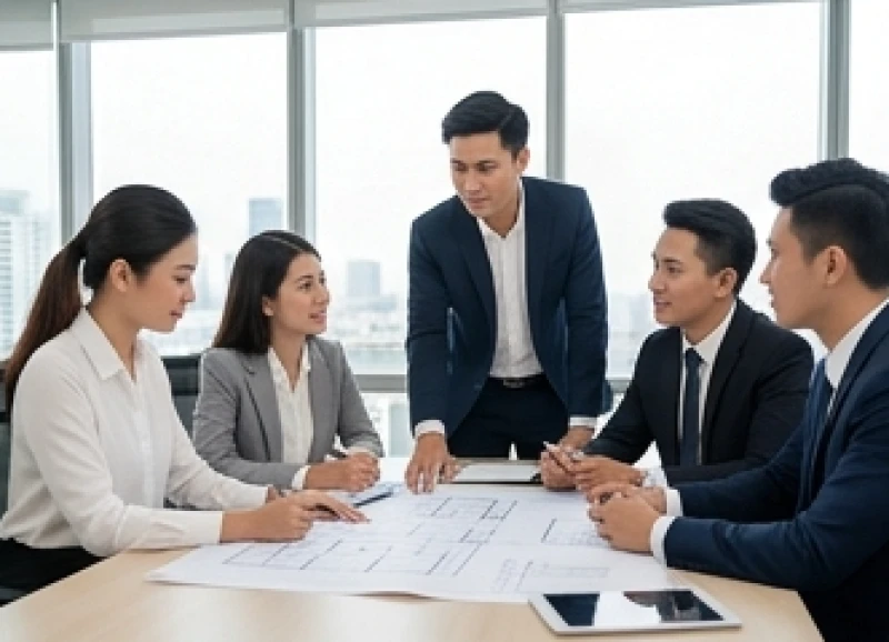 Nhóm quản lý trẻ đang thảo luận sôi nổi xung quanh bàn làm việc về kế hoạch khai trương