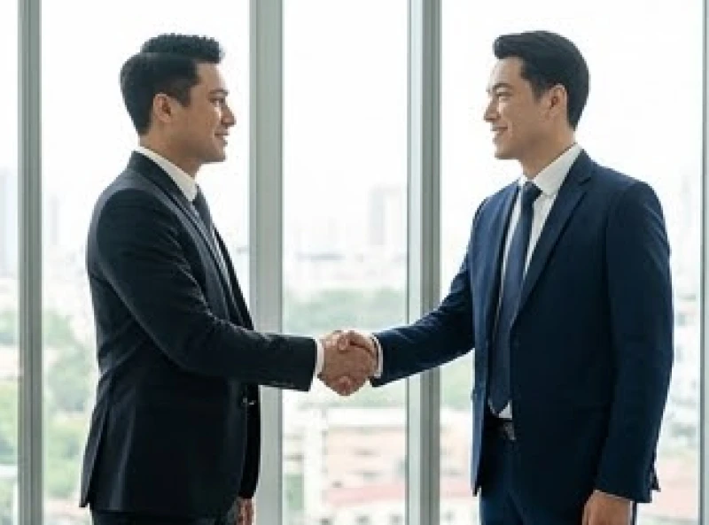 Hai người đàn ông mặc vest đang mỉm cười và bắt tay nhau trong một không gian văn phòng sáng sủa và chuyên nghiệp