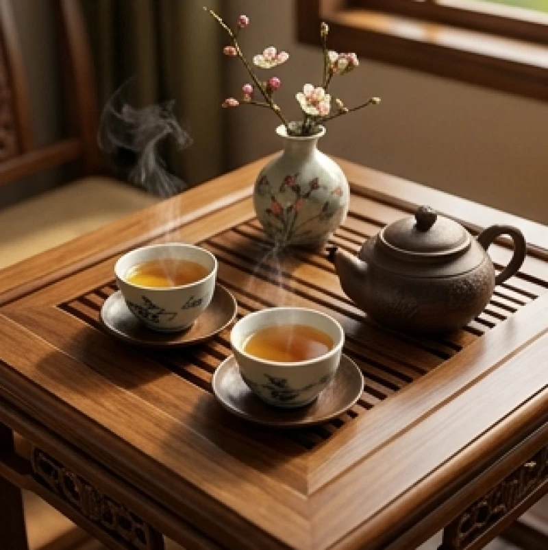 Bàn trà đạo với hai chén trà bốc khói nghi ngút tượng trưng cho sự hợp tác ăn ý giữa các tuổi Tam Hợp