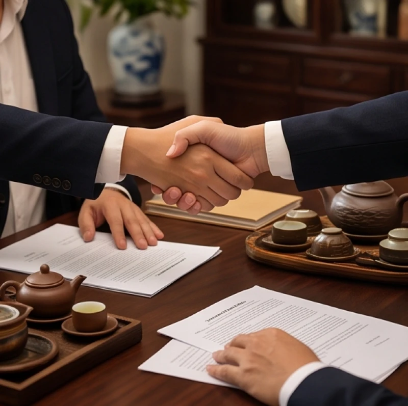 Hai người trao đổi hợp đồng kinh doanh trên bàn làm việc bằng gỗ sang trọng