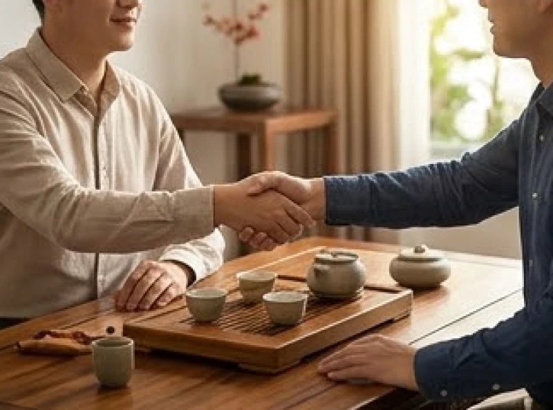 Hai bàn tay bắt tay nhau qua bàn trà gỗ thể hiện sự hợp tác kinh doanh thành công
