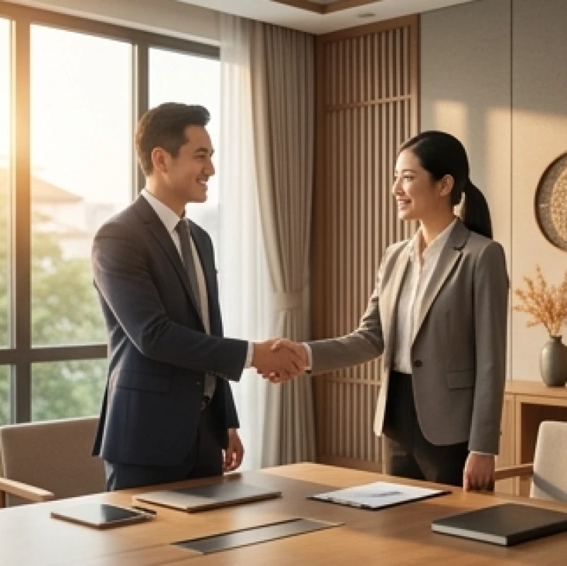 Tam hợp tuổi Mùi: Lọc đối tác Hợi - Mão theo bản mệnh ngũ hành 2 Hai đối tác kinh doanh đang mỉm cười bắt tay sau một buổi đàm phán thành công