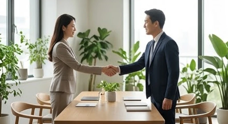Hai người đang bắt tay hợp tác kinh doanh thể hiện sự tương sinh và đồng điệu trong công việc