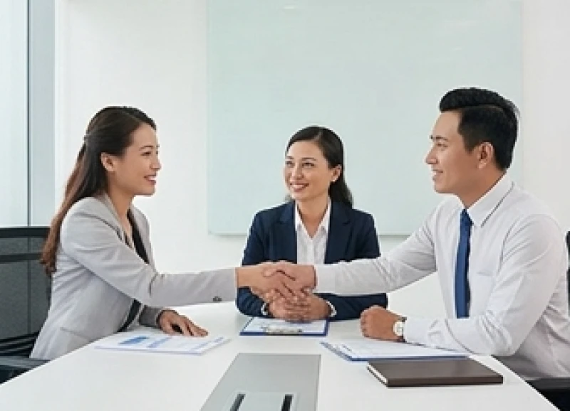 Ba doanh nhân đang bắt tay hợp tác đàm phán vui vẻ trong không gian văn phòng