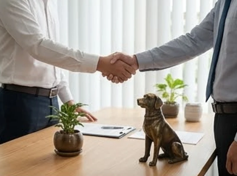 Tuổi Tuất năm 2027 có phạm Thái Tuế không: cách cúng bài bản 3 Hai người đang bắt tay hợp tác kinh doanh trên bàn làm việc có đặt tượng phong thủy