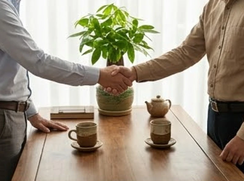 Hai người đang bắt tay trên bàn làm việc có đặt cây kim tiền và tách trà gốm sứ mộc mạc