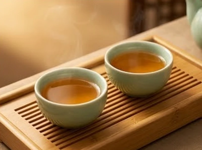 Hai chén trà đạo men ngọc đặt đối xứng trên bàn gỗ ám chỉ sự bình đẳng trong hợp tác làm ăn
