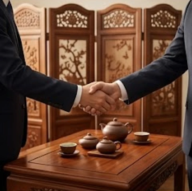 Hai người doanh nhân bắt tay hợp tác trước một bức bình phong bằng gỗ chạm khắc