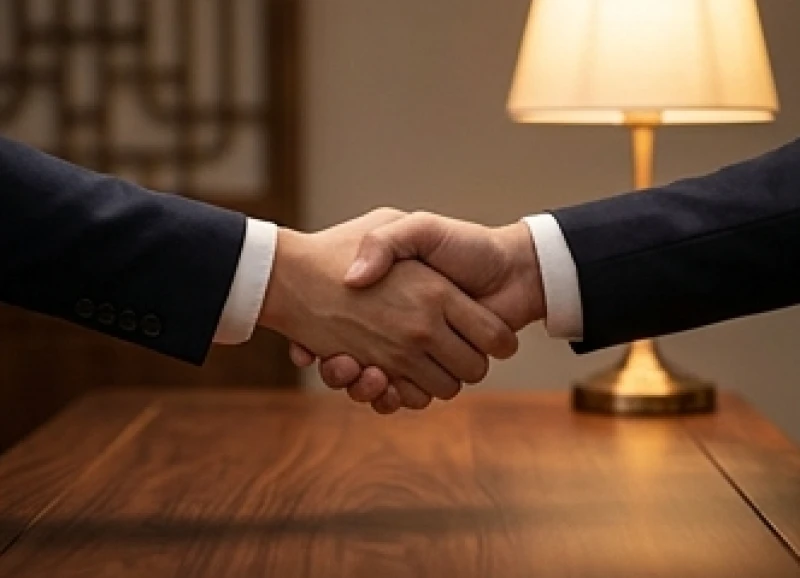Hai người bắt tay hợp tác làm ăn trong không gian làm việc chuyên nghiệp