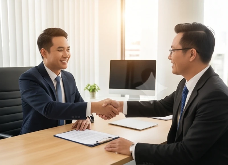 Hai đối tác kinh doanh đang mỉm cười bắt tay sau khi ký kết hợp đồng thương mại