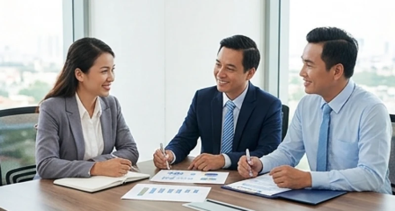 Tuổi Hợi hợp kinh doanh gì: Mô hình chi tiết và ma trận đối tác 7 Nhóm ba người cộng sự đang tập trung phân tích hồ sơ tài chính và thống nhất chiến lược phát triển chung