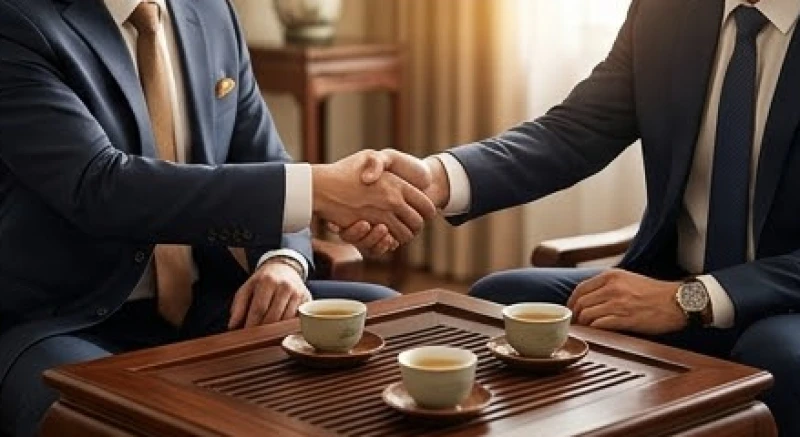 Hai người đàn ông mặc vest trang trọng đang bắt tay hợp tác trước bàn trà truyền thống