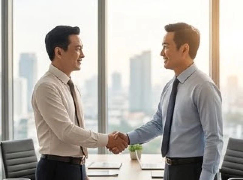 Hai người đàn ông bắt tay hợp tác kinh doanh thành công tại văn phòng làm việc chuyên nghiệp