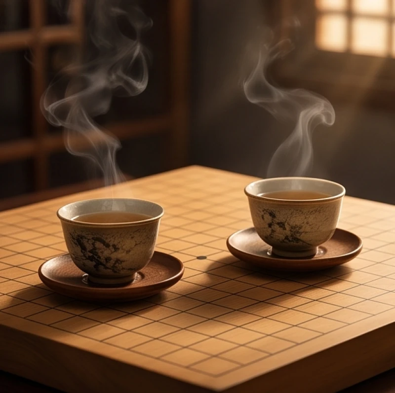 Hai tách trà gốm cổ đặt đối diện nhau trên bàn cờ gỗ biểu thị sự hợp tác chiến lược