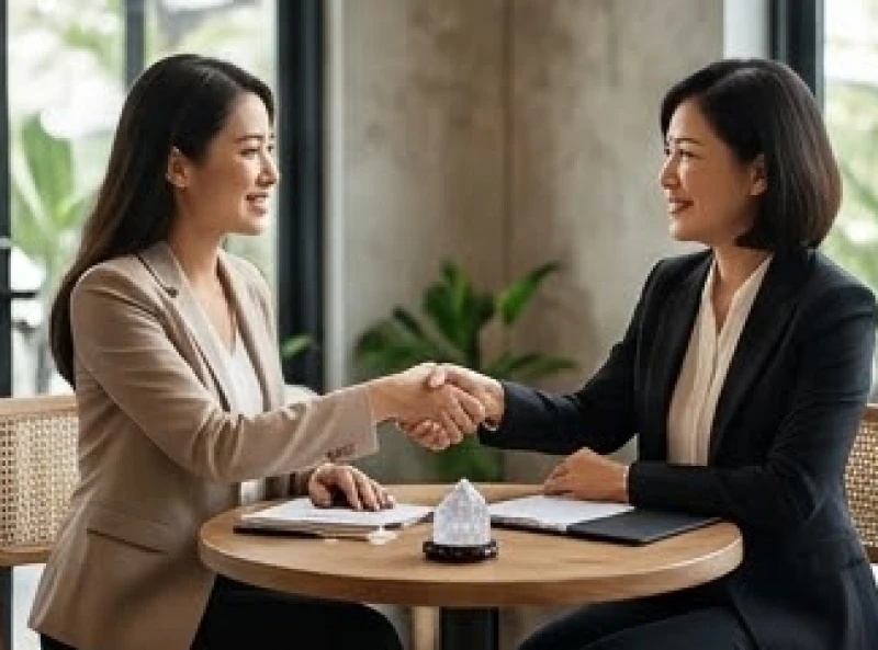 Hai nữ doanh nhân bắt tay hợp tác vui vẻ trong không gian văn phòng sang trọng