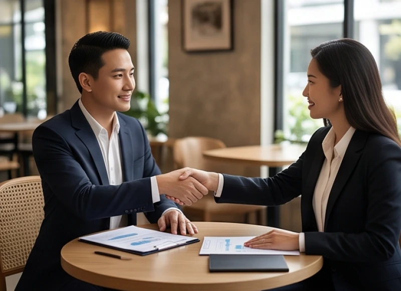 Tử vi trọn đời tuổi Giáp Tuất 1994 nữ mạng: Lộ trình & đại kỵ 10 Hai người phụ nữ bắt tay nhau hợp tác kinh doanh trong không gian quán cà phê