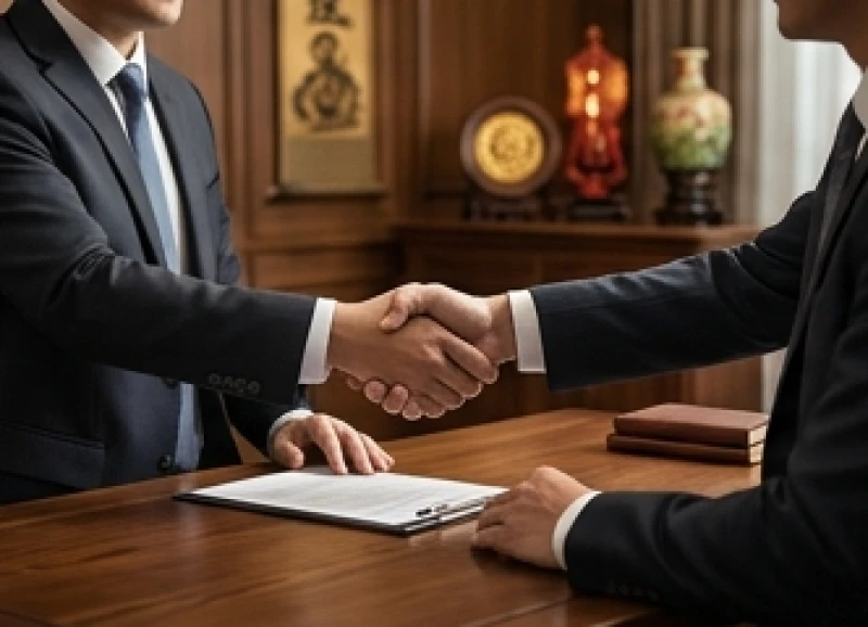 Cái bắt tay hợp tác kinh doanh vững chắc giữa hai người đàn ông trong không gian làm việc